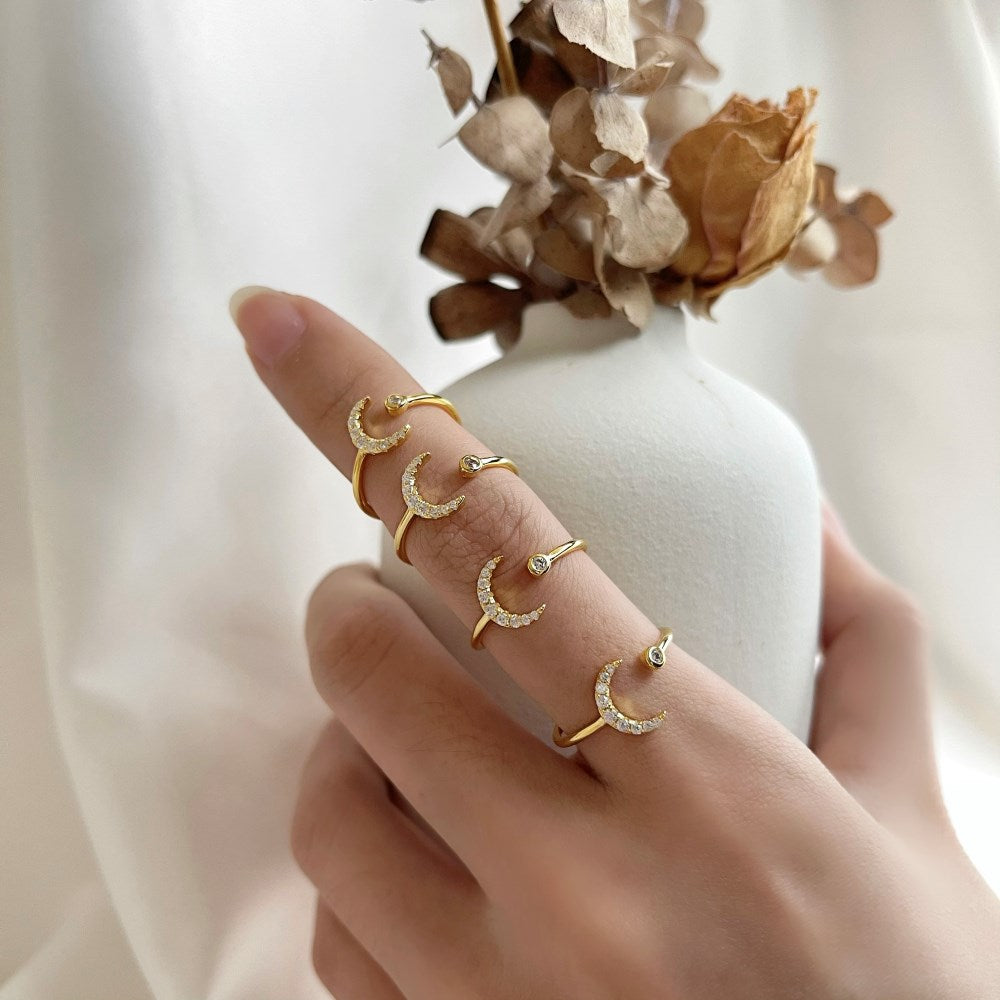 Silver Zircon Round Cut Small Open Crescent Bypass Ring