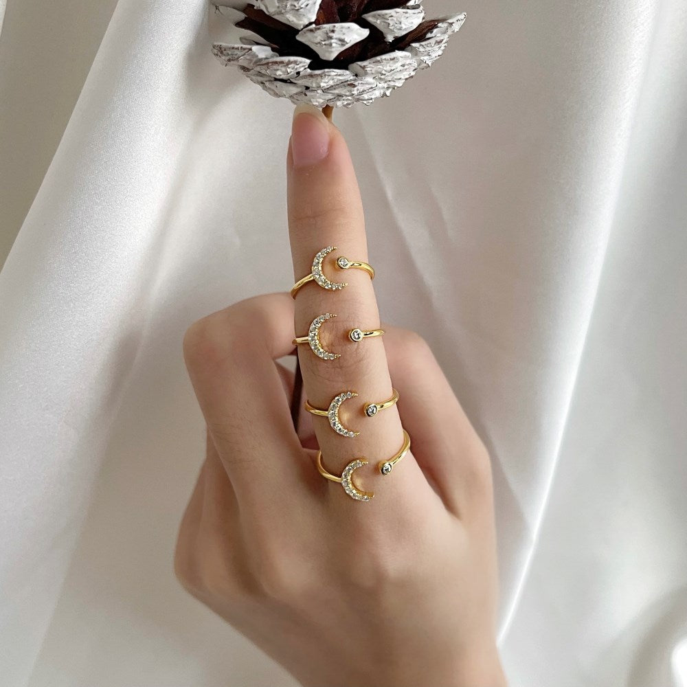 Silver Zircon Round Cut Small Open Crescent Bypass Ring