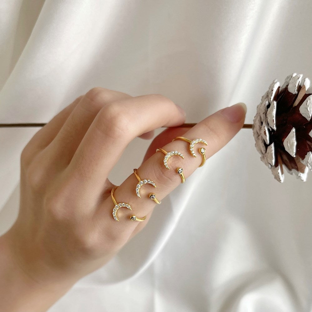 Silver Zircon Round Cut Small Open Crescent Bypass Ring