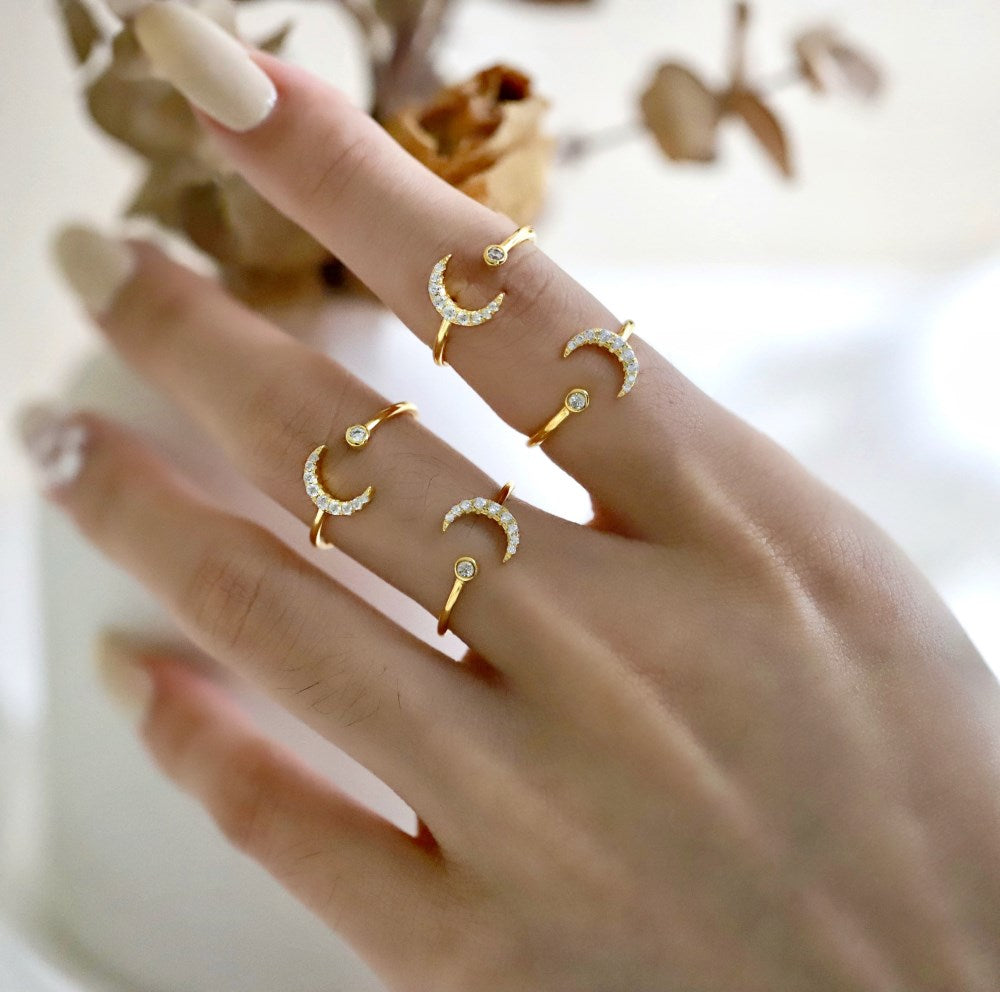 Silver Zircon Round Cut Small Open Crescent Bypass Ring