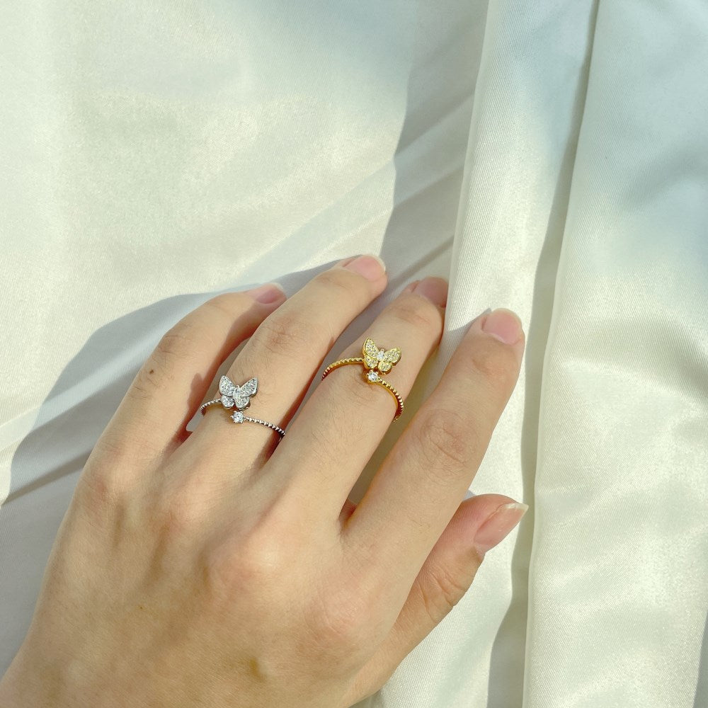 Silver Zircon Round Cut Open Butterfly Bypass Ring