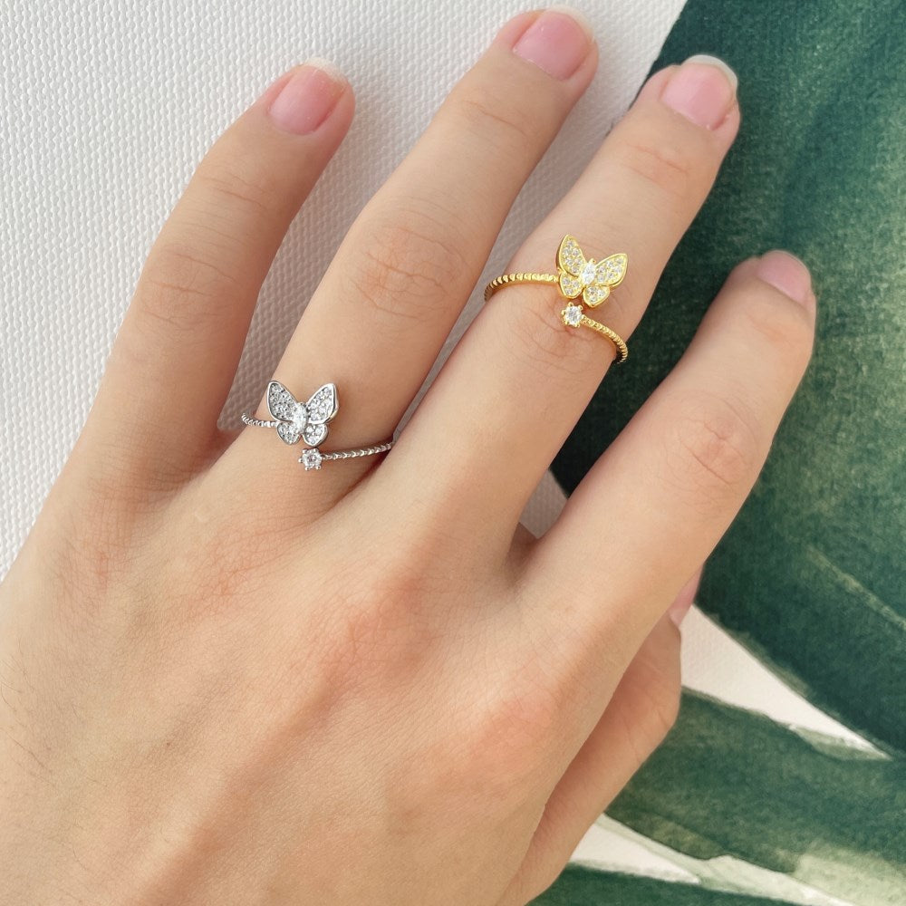 Silver Zircon Round Cut Open Butterfly Bypass Ring
