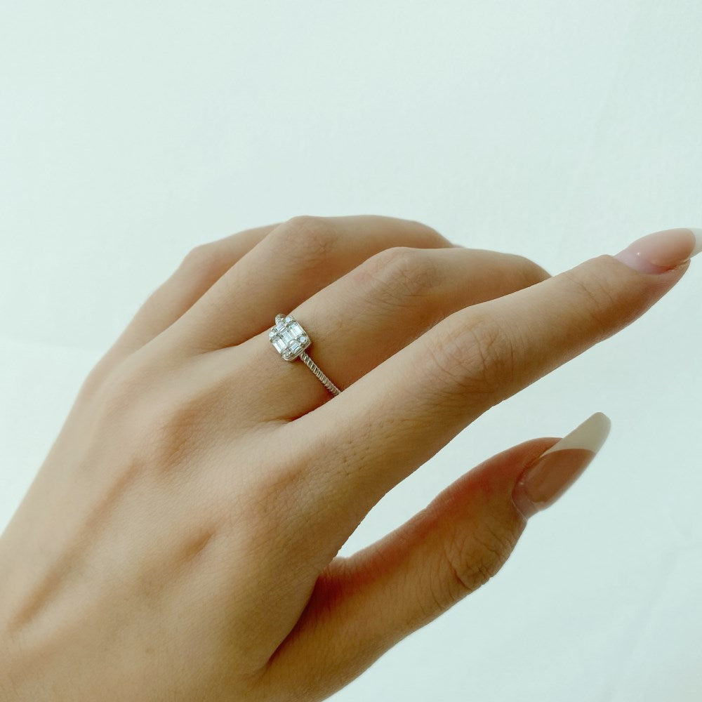 Silver Zircon Baguette Cut Iced Squared Solitaire Ring