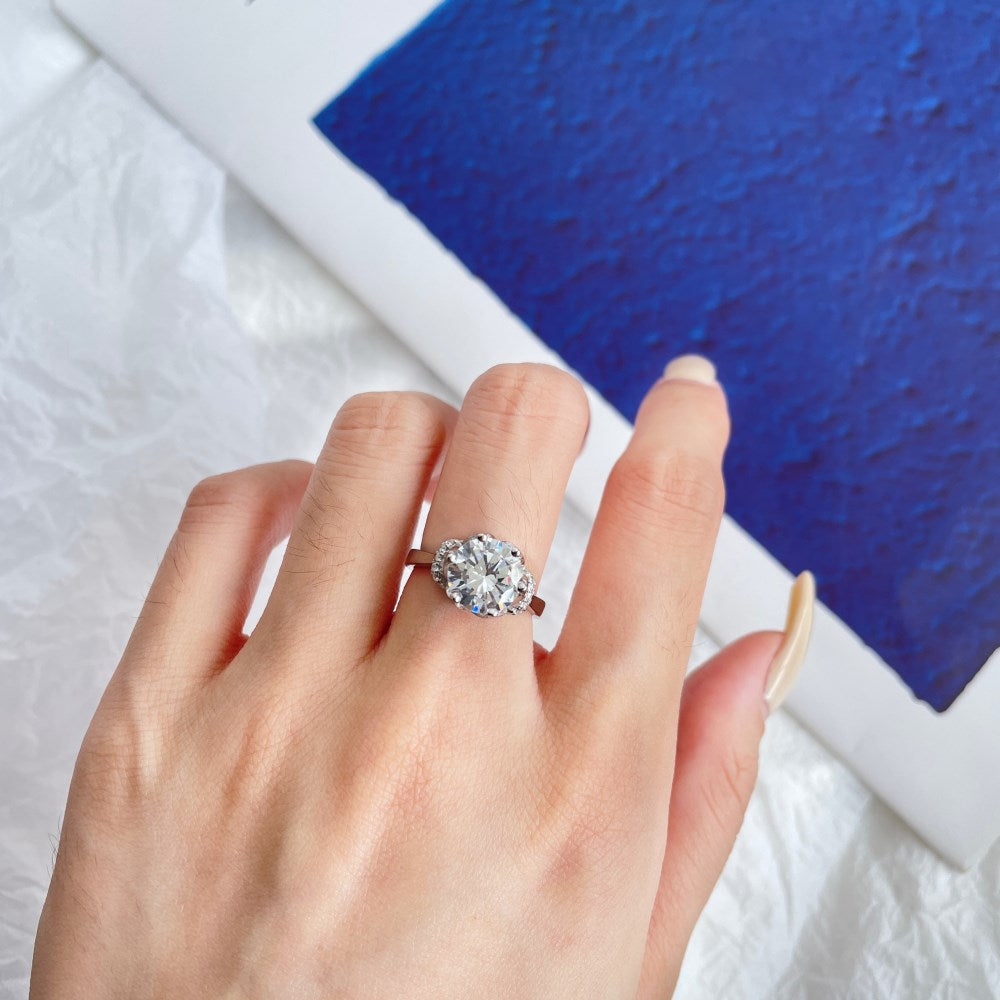 Silver Zircon Round Cut Flower Solitaire Ring