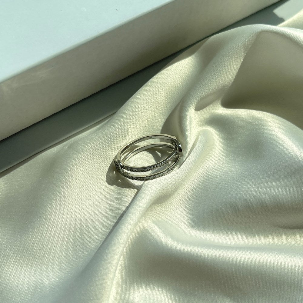 Silver Zircon Round Cut Twisted Double Layer Crossover Ring