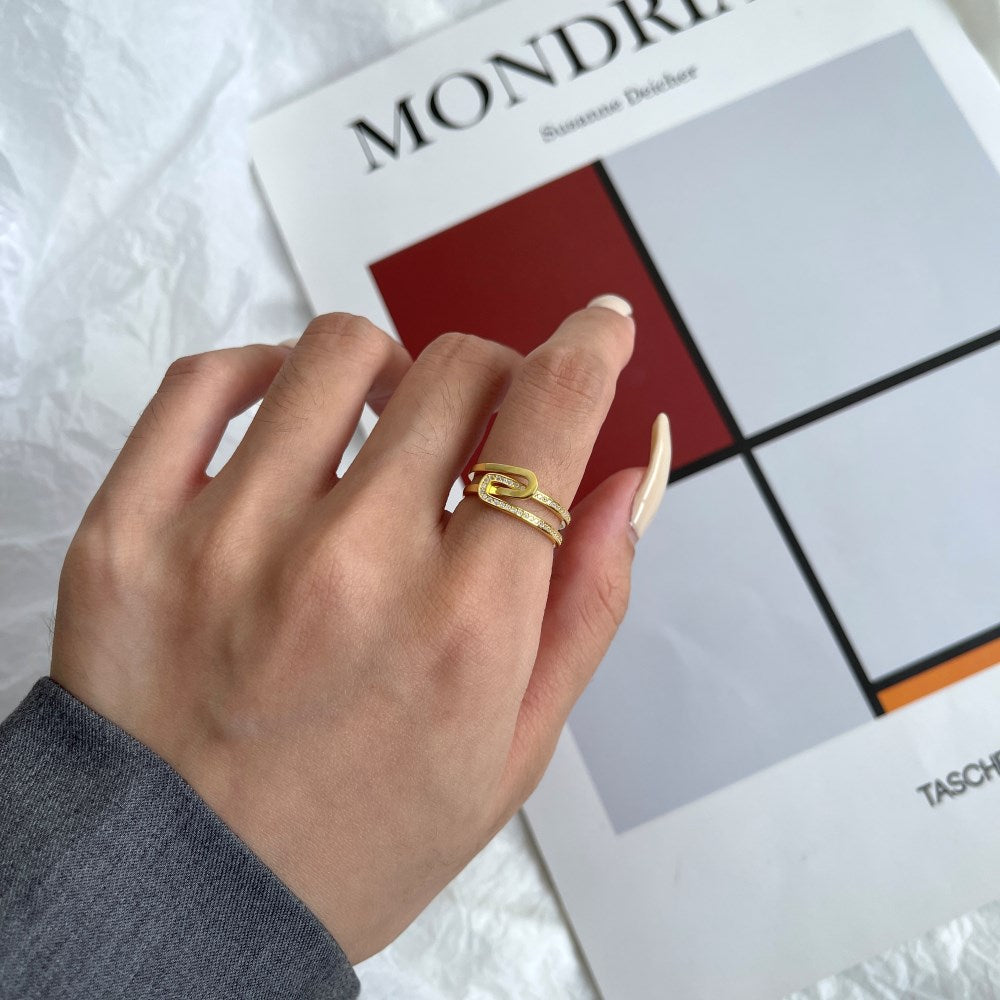 Silver Zircon Round Cut Twisted Double Layer Crossover Ring