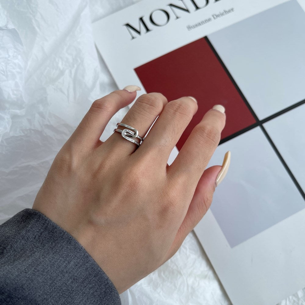 Silver Zircon Round Cut Twisted Double Layer Crossover Ring