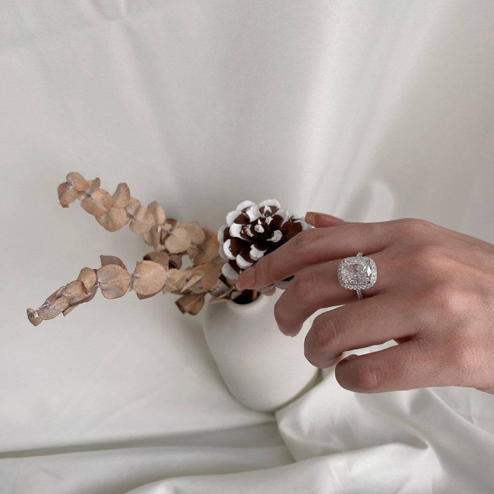 Silver Zircon Radiant Cut Framed Halo Ring