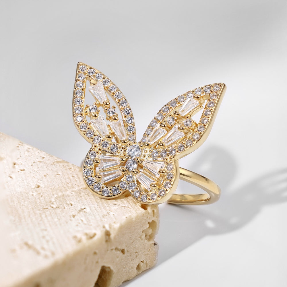 Silver Zircon Baguette Cut Inlaid Butterfly Dainty Ring
