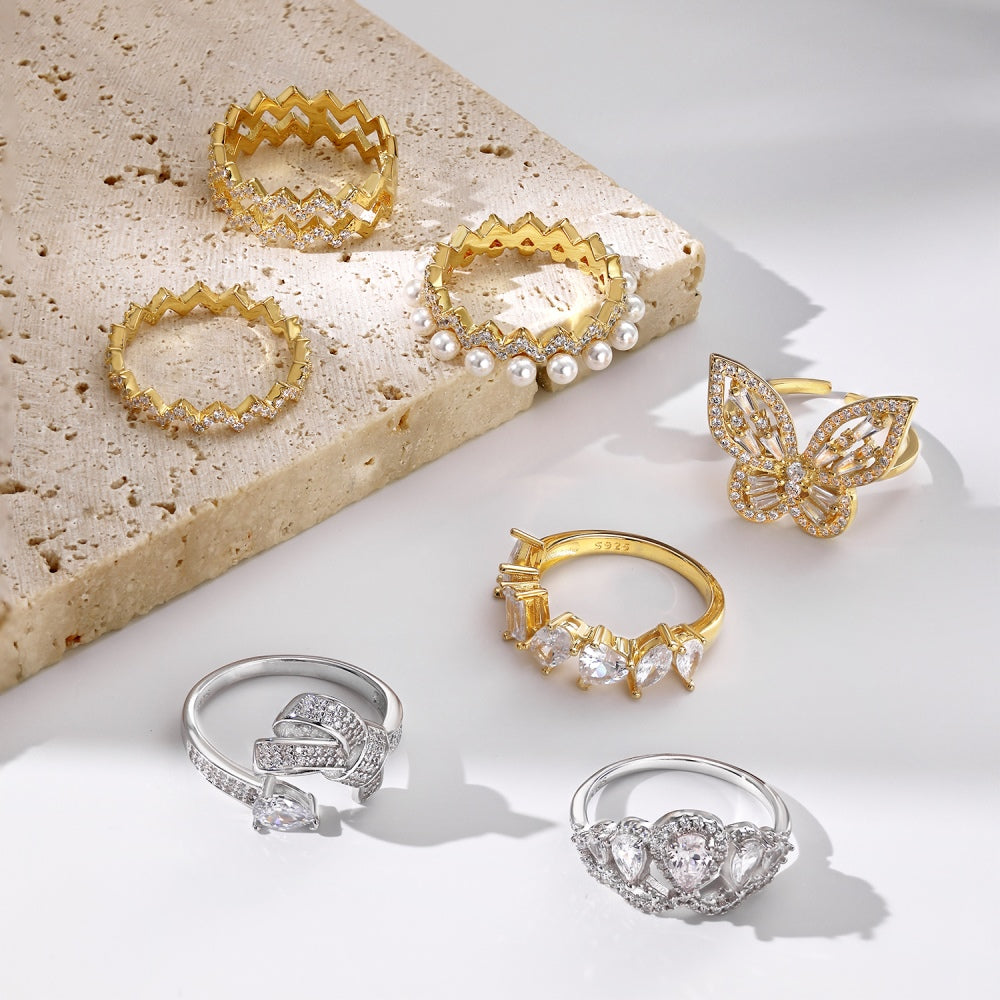 Silver Zircon Baguette Cut Inlaid Butterfly Dainty Ring