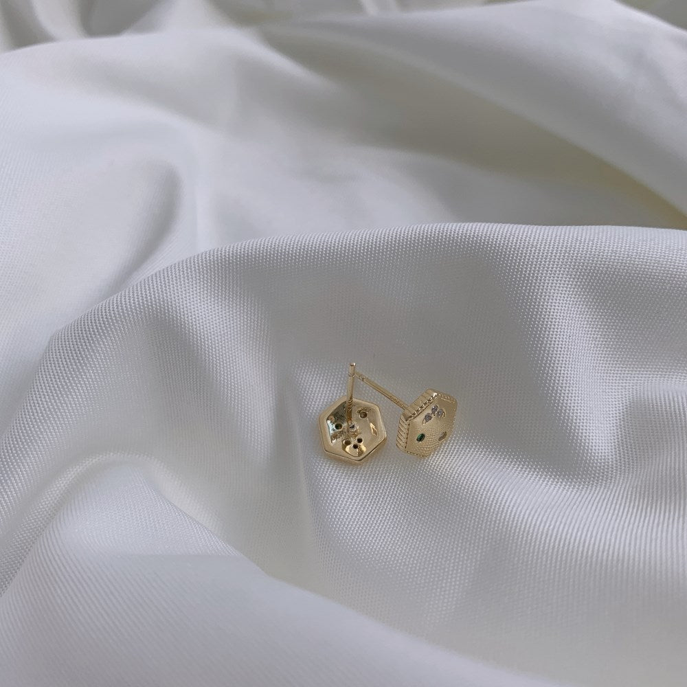 Silver Zircon Round Cut Hexagon Ear Studs