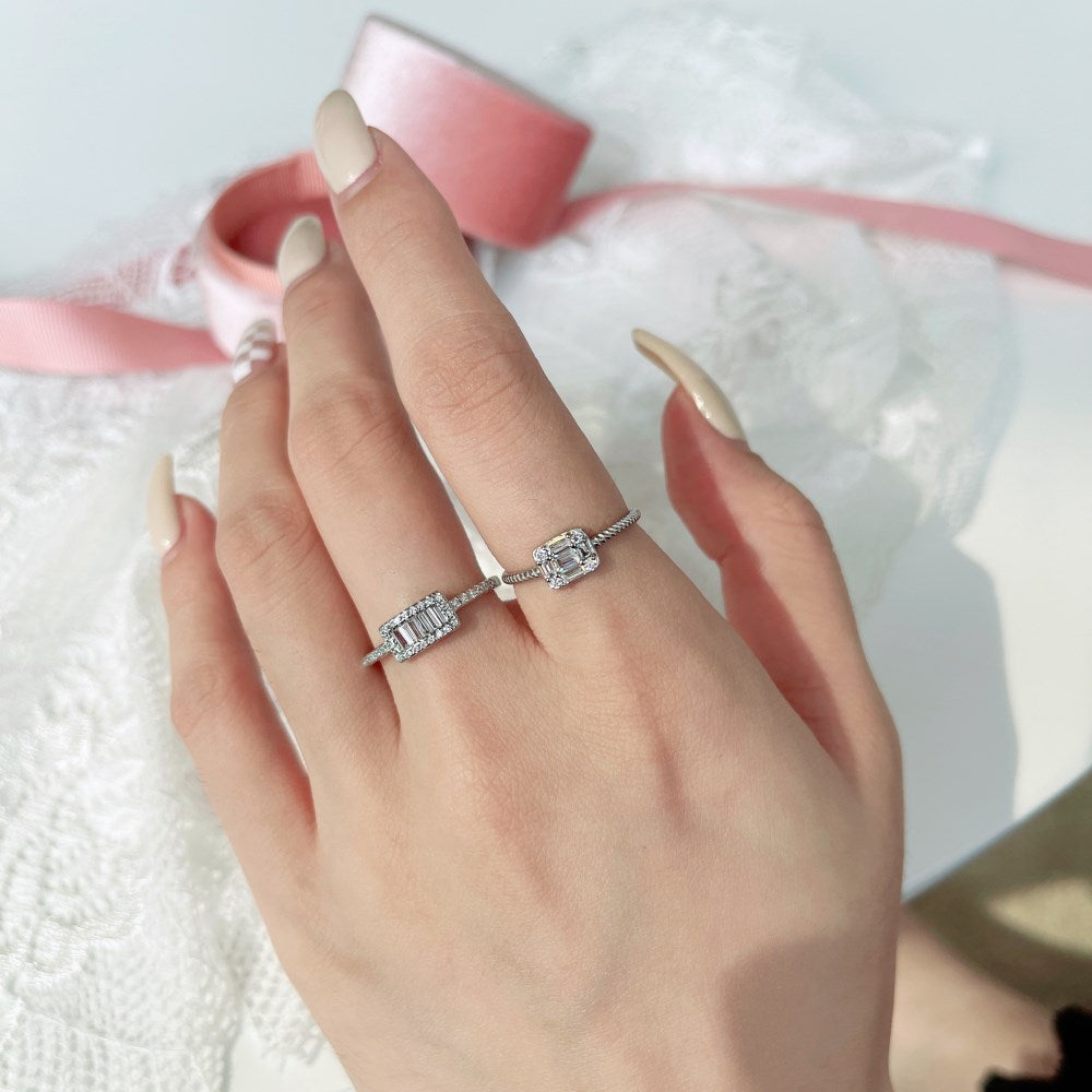 Silver Zircon Baguette Cut Iced Squared Solitaire Ring
