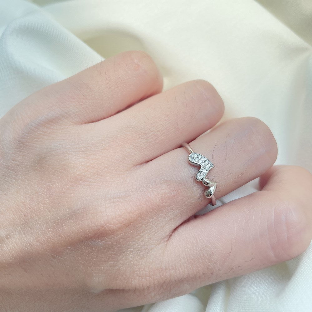 Silver Zircon Round Cut Inlaid Hearts Dainty Ring
