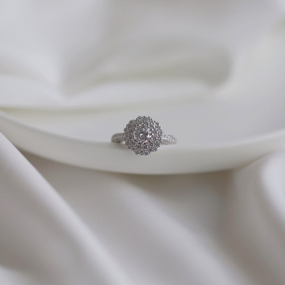 Silver Zircon Round Cut Iced Flower Halo Ring