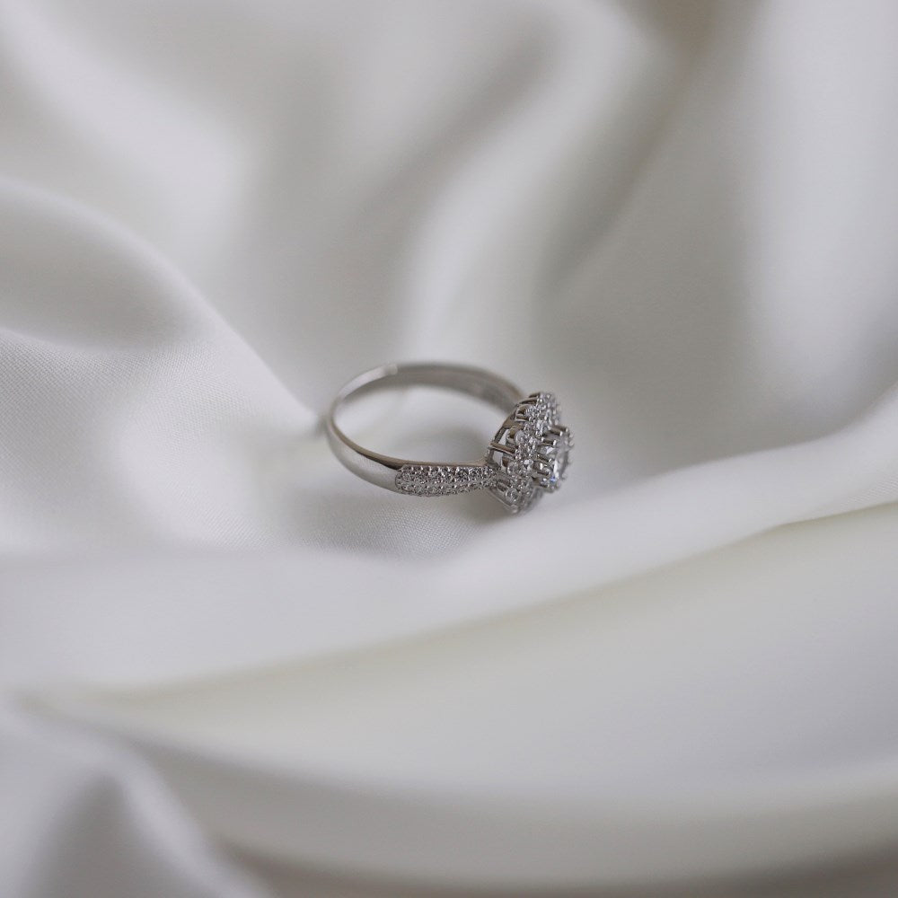 Silver Zircon Round Cut Iced Flower Halo Ring