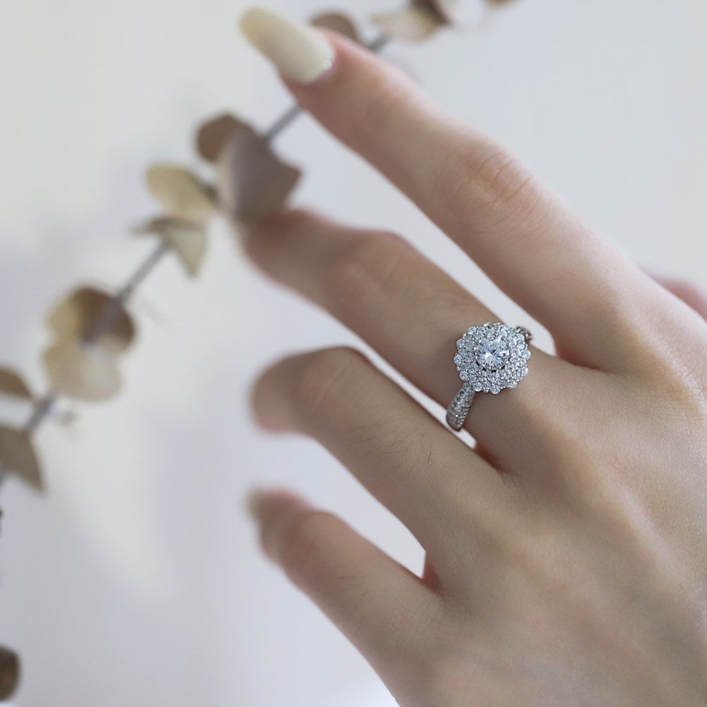 Silver Zircon Round Cut Iced Flower Halo Ring