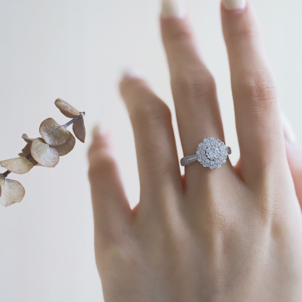Silver Zircon Round Cut Iced Flower Halo Ring