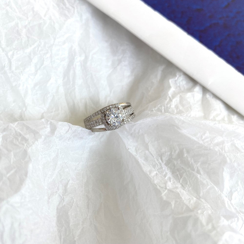 Silver Zircon Cushion Square Cut Brushed Inlaid Solitaire Ring