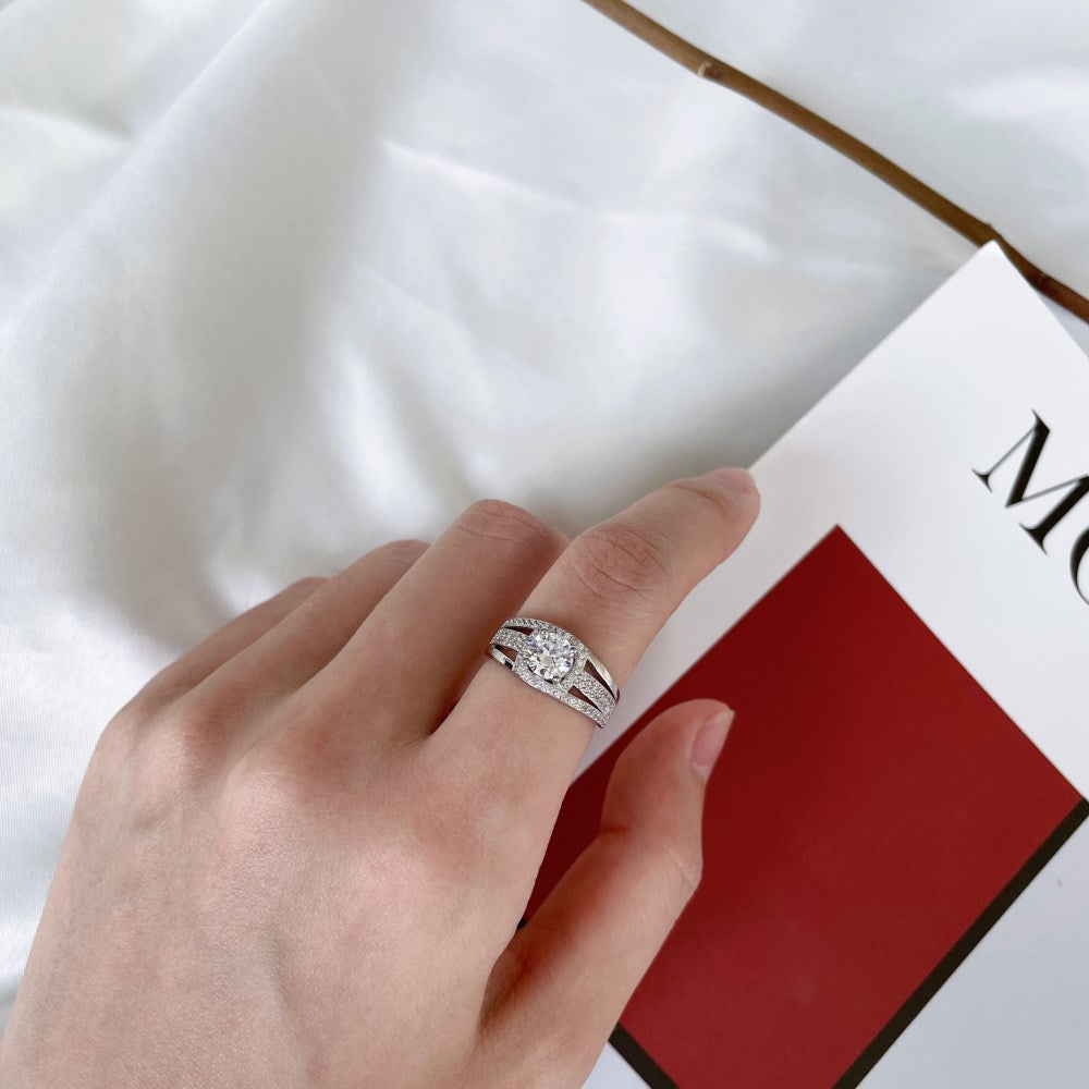 Silver Zircon Cushion Square Cut Brushed Inlaid Solitaire Ring