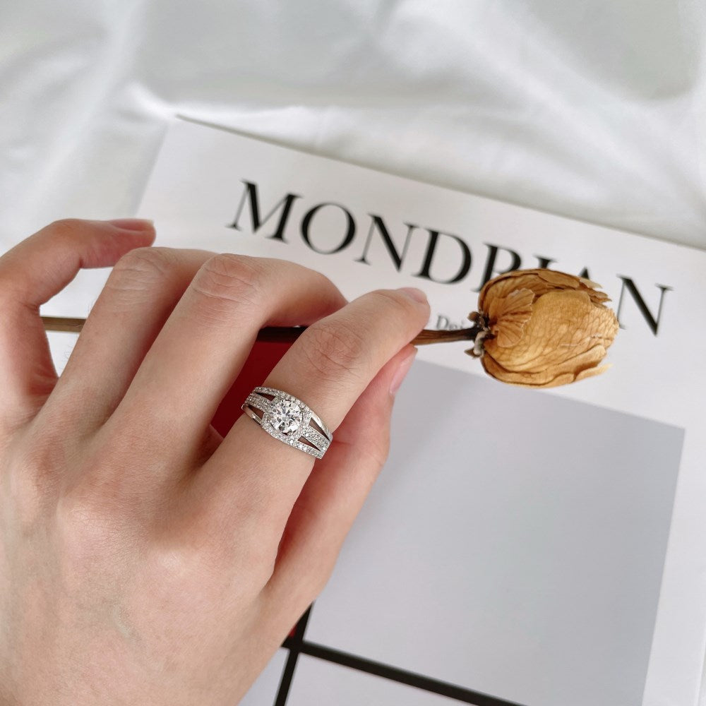 Silver Zircon Cushion Square Cut Brushed Inlaid Solitaire Ring