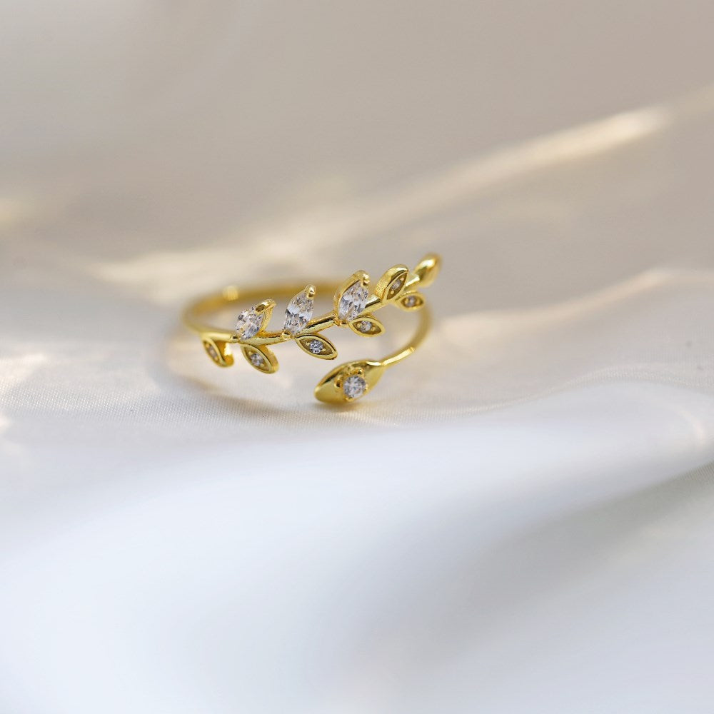 Silver Zircon Marquise Cut Open Leaf Bypass Ring