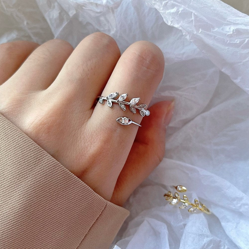 Silver Zircon Marquise Cut Open Leaf Bypass Ring