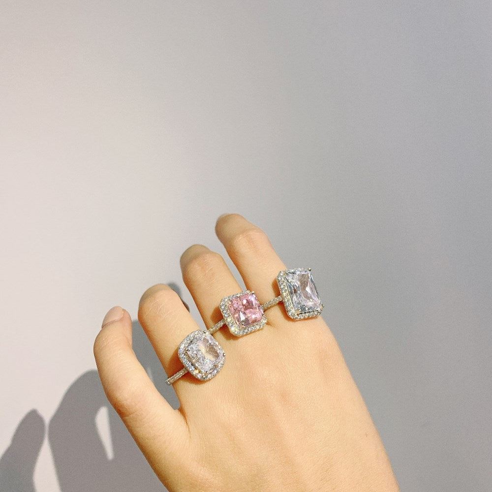 Silver Zircon Radiant Cut Framed Halo Ring