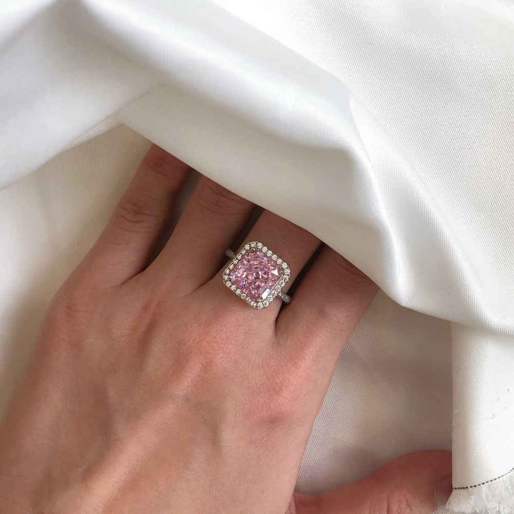 Silver Zircon Radiant Square Cut Inlaid Halo Ring