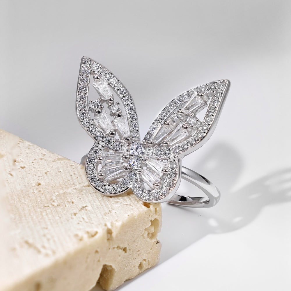 Silver Zircon Baguette Cut Inlaid Butterfly Dainty Ring