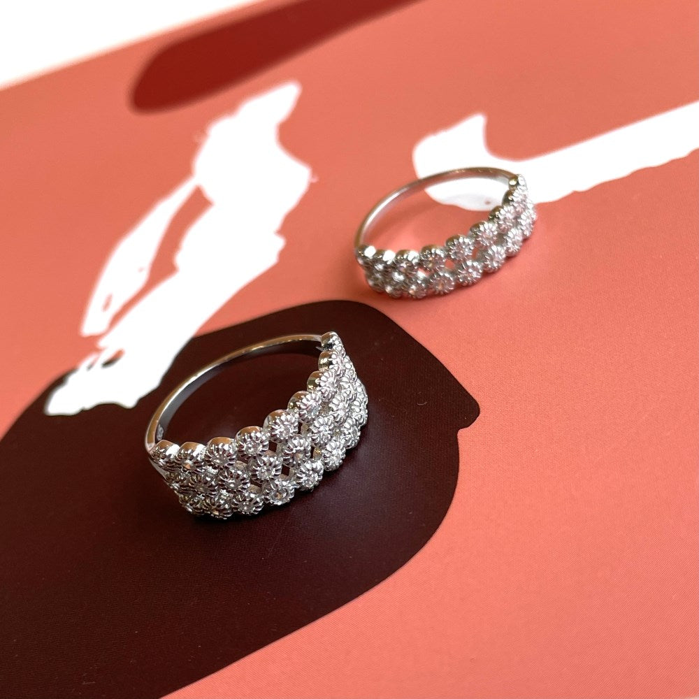 Silver Zircon Round Cut Iced Squared Wedding Ring