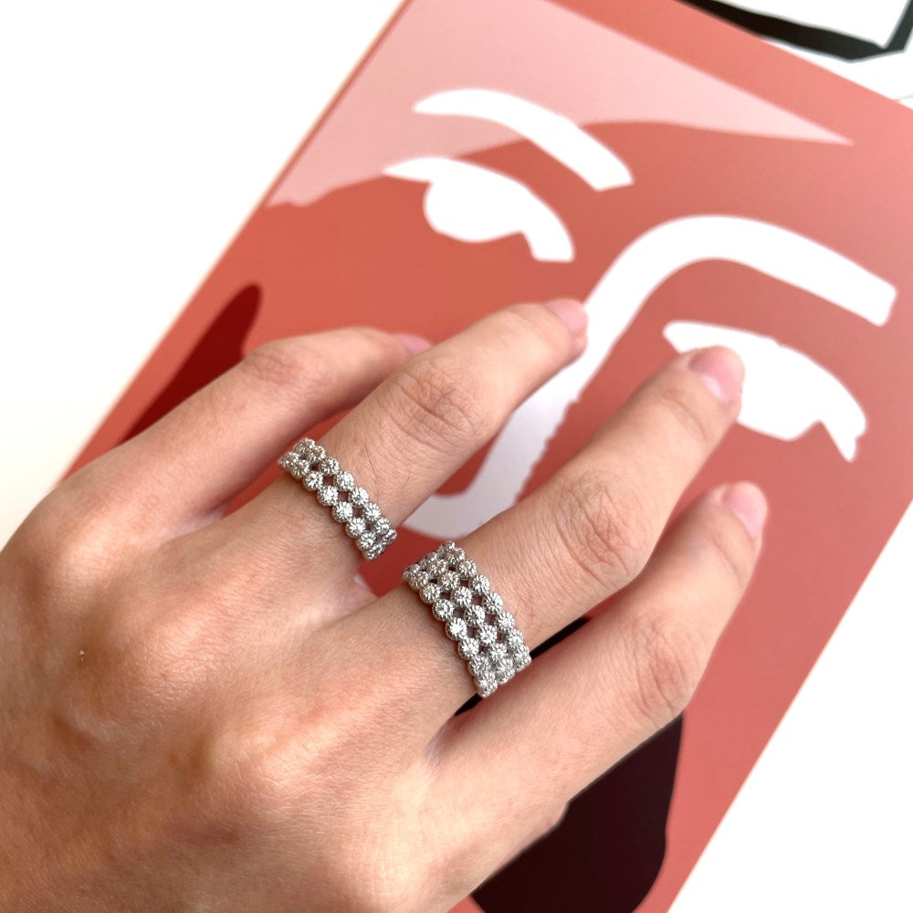 Silver Zircon Round Cut Iced Squared Wedding Ring