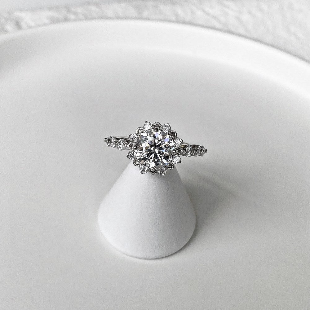 Silver Zircon Round Cut Iced Wrapped Flower Halo Ring