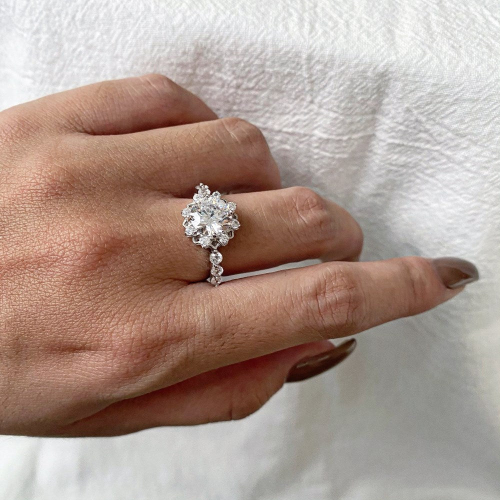 Silver Zircon Round Cut Iced Wrapped Flower Halo Ring