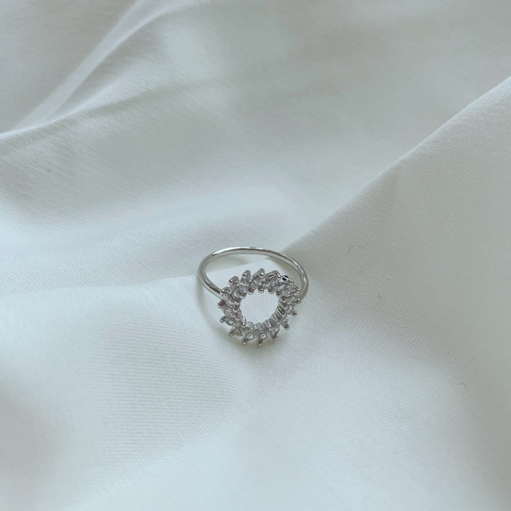 Silver Zircon Marquise Cut Halo Sunflower Dainty Ring