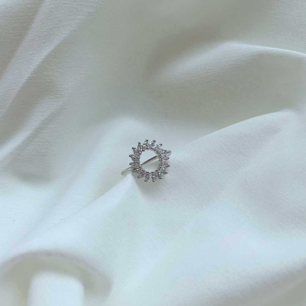 Silver Zircon Marquise Cut Halo Sunflower Dainty Ring