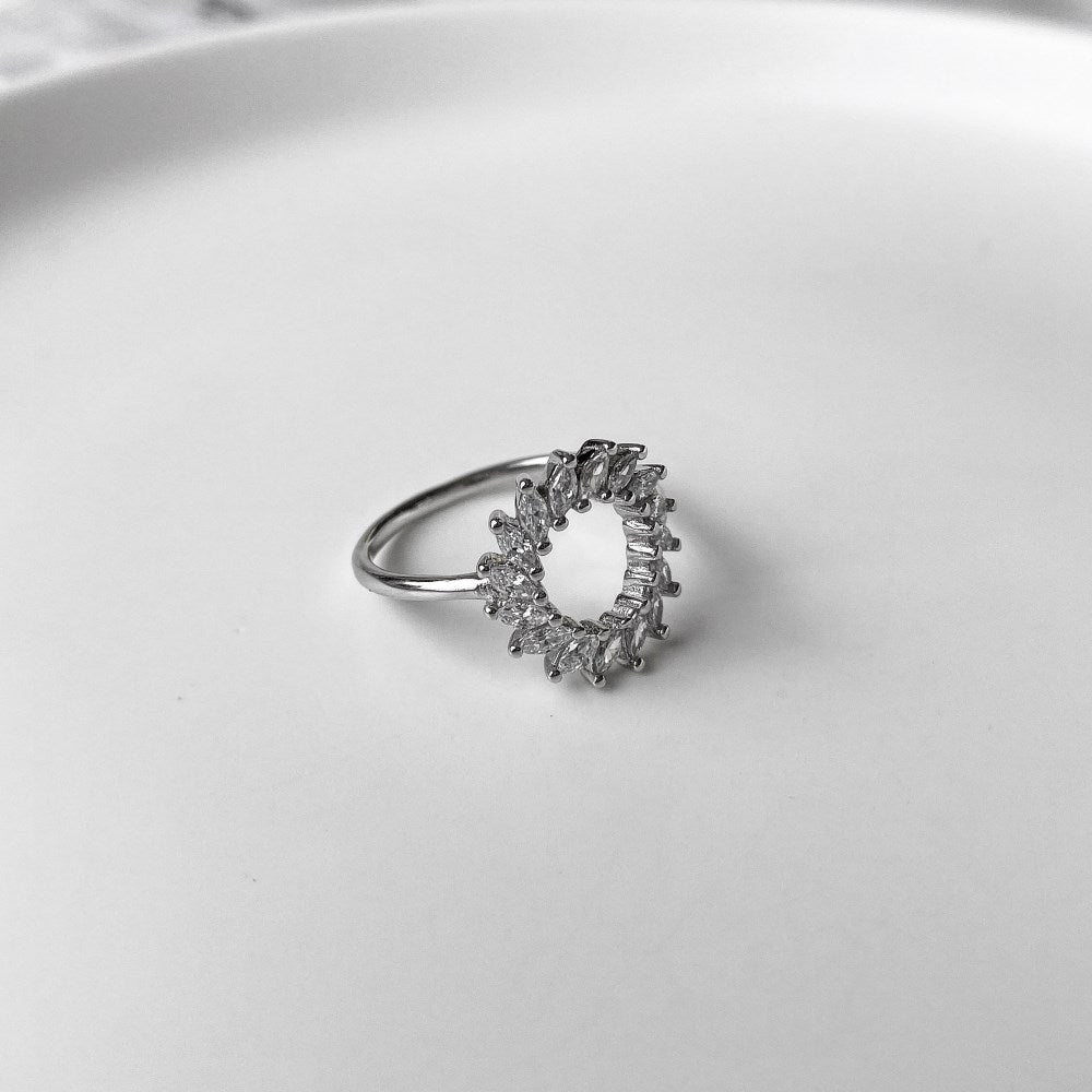 Silver Zircon Marquise Cut Halo Sunflower Dainty Ring