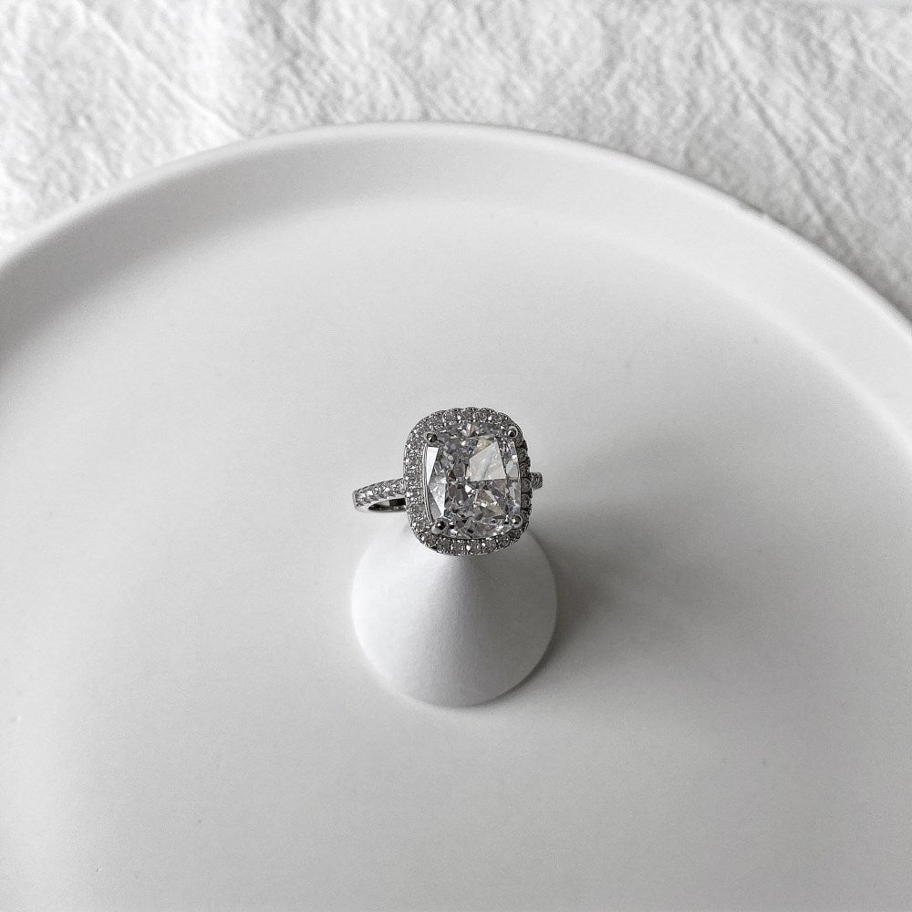 Silver Zircon Radiant Cut Framed Halo Ring