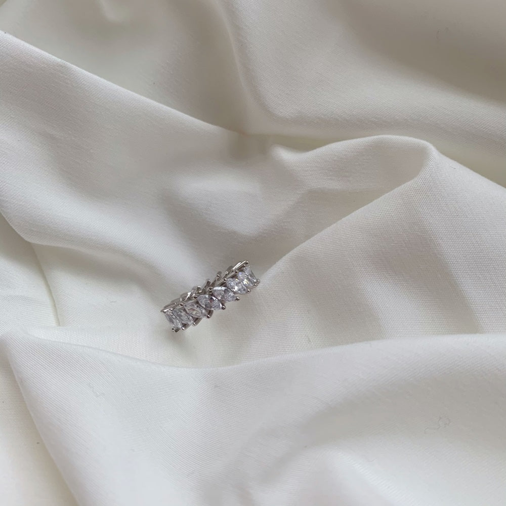 Silver Zircon Marquise Cut Twisted Thin Eternity Ring