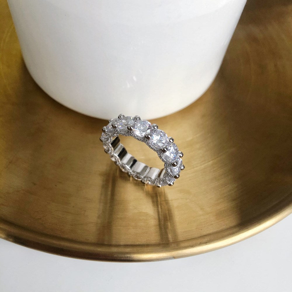 Silver Zircon Round Cut Inner Inlaid Eternity Ring