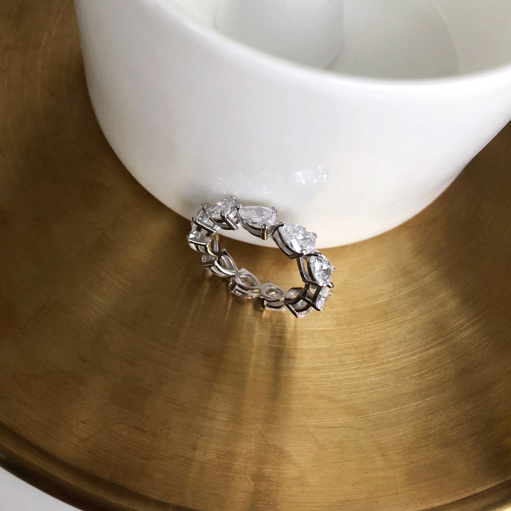 Silver Zircon Pear Cut Wrapped Water Drop Eternity Ring