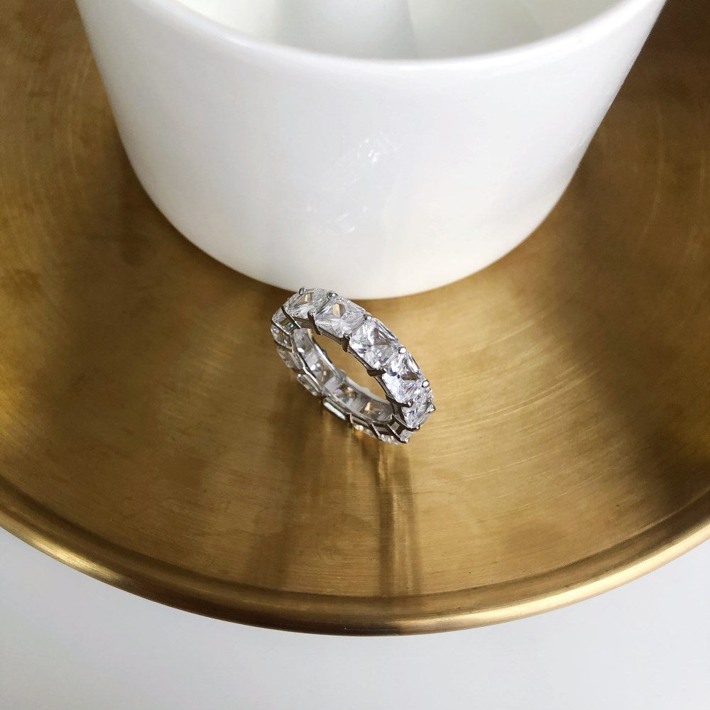 Silver Zircon Princess Cut Wrapped Band Eternity Ring