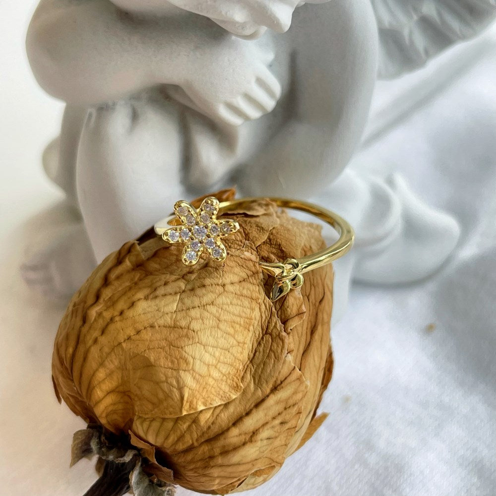 Silver Zircon Round Cut Open Flower & Butterfly Bypass Ring