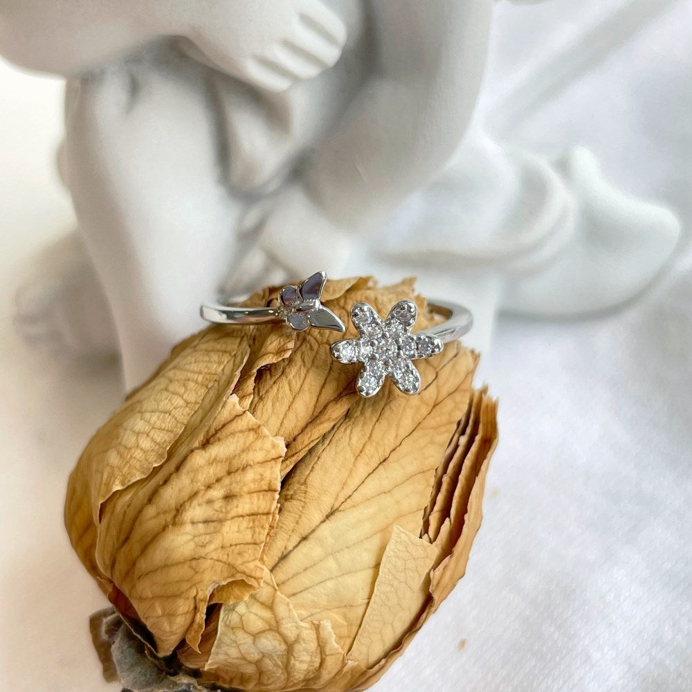 Silver Zircon Round Cut Open Flower & Butterfly Bypass Ring