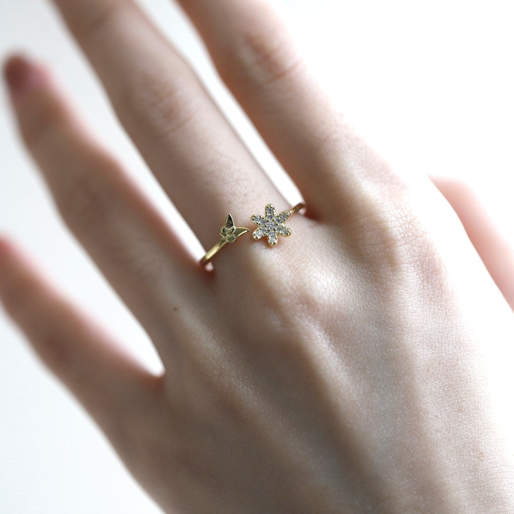 Silver Zircon Round Cut Open Flower & Butterfly Bypass Ring