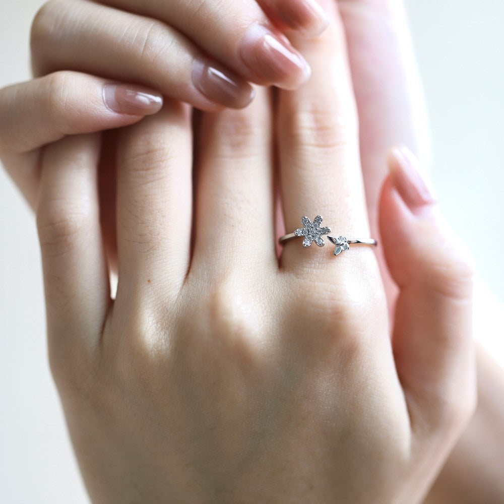 Silver Zircon Round Cut Open Flower & Butterfly Bypass Ring