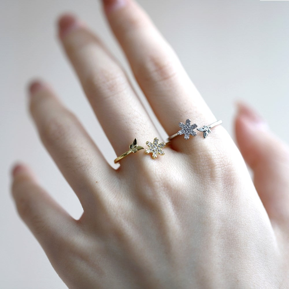 Silver Zircon Round Cut Open Flower & Butterfly Bypass Ring