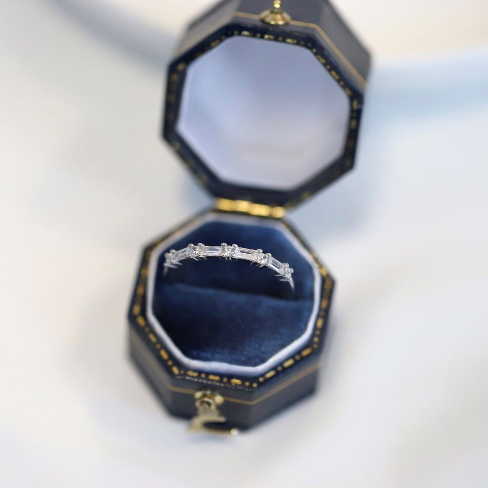 Silver Zircon Baguette Cut Inlaid Halo Eternity Ring