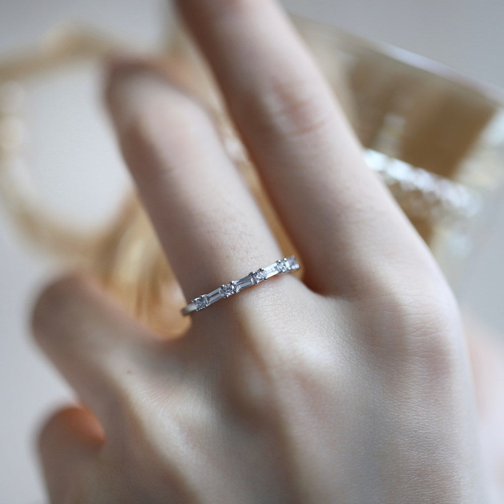 Silver Zircon Baguette Cut Inlaid Halo Eternity Ring