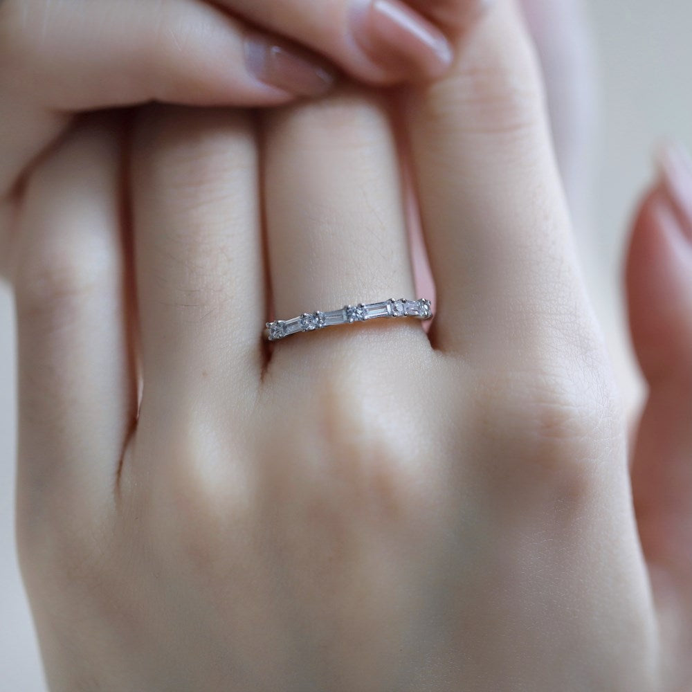 Silver Zircon Baguette Cut Inlaid Halo Eternity Ring