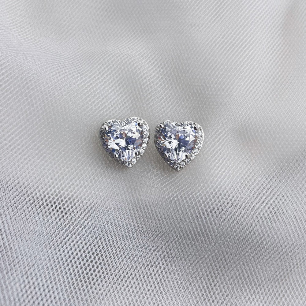 Silver Zircon Heart Cut Big Inlaid Halo Ear Studs